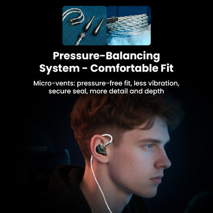 Model wearing JUZEAR Harrier IEM with pressure-balancing system for secure fit, reduced vibration, and enhanced detail.