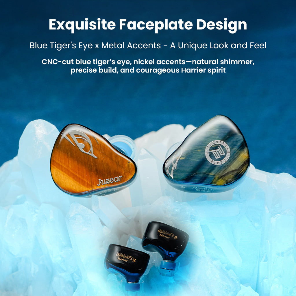 Close-up of JUZEAR Harrier IEMs with CNC-cut blue tiger’s eye faceplates and metal accents for a luxurious, high-end finish.