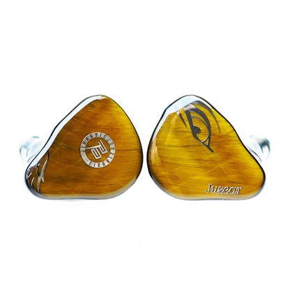 JUZEAR Harrier IEM with golden tiger’s eye faceplates and engraved branding, combining style with high-performance audio.