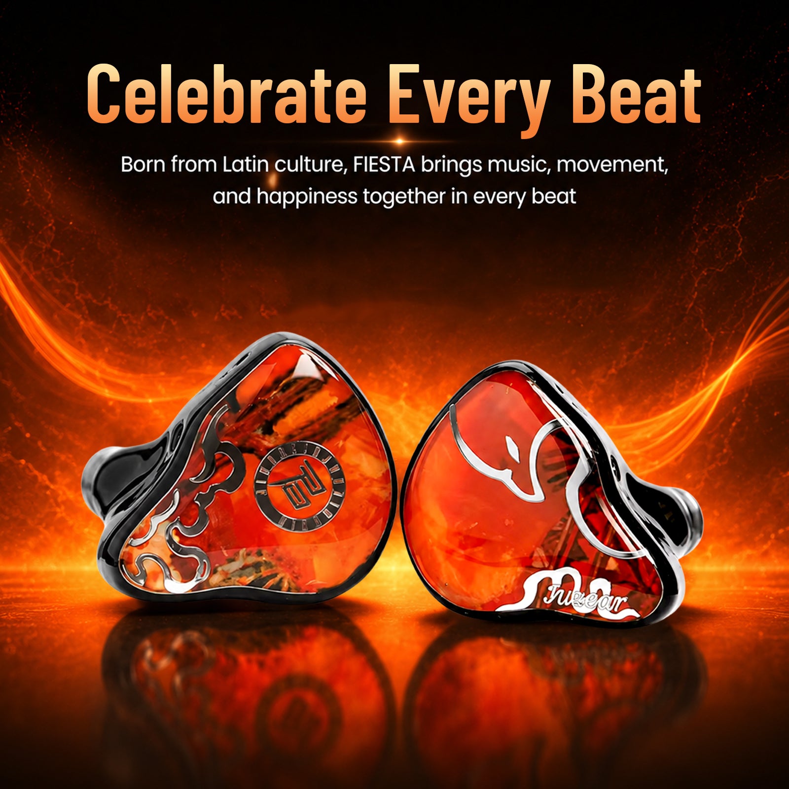 Promotional image with bold orange text 'Celebrate Every Beat' and Latin-inspired design, featuring in-ear monitors with fiery background.