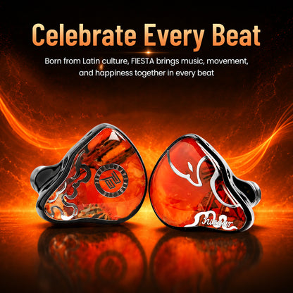 Promotional image with bold orange text 'Celebrate Every Beat' and Latin-inspired design, featuring in-ear monitors with fiery background.