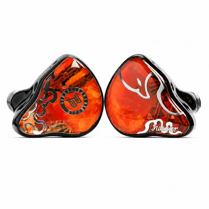 Close-up of vibrant orange and black in-ear monitors with intricate design, glossy finish, and branding, on a white background.