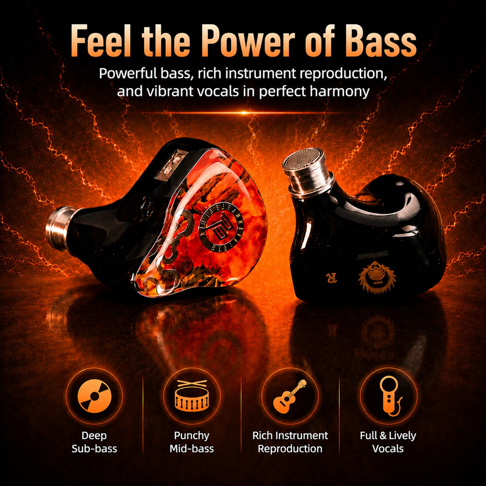Black and red hybrid in-ear monitors with dual cables, featuring 1DD and 3BA drivers, designed for rich bass and vibrant vocals