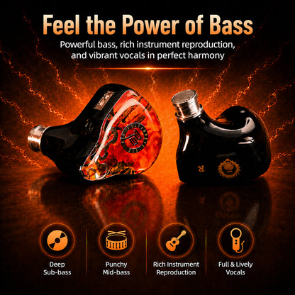 Black and red hybrid in-ear monitors with dual cables, featuring 1DD and 3BA drivers, designed for rich bass and vibrant vocals