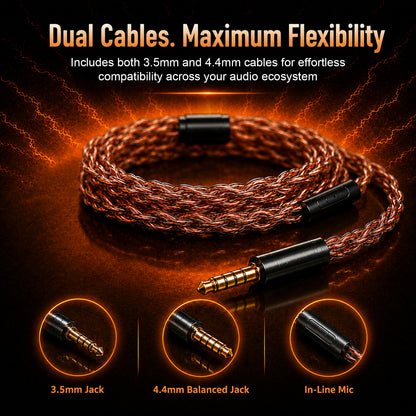 Close-up of a braided copper hybrid in-ear monitor cable with black connectors and a 3.5mm jack, emphasizing maximum flexibility and dual cables for audio compatibility.