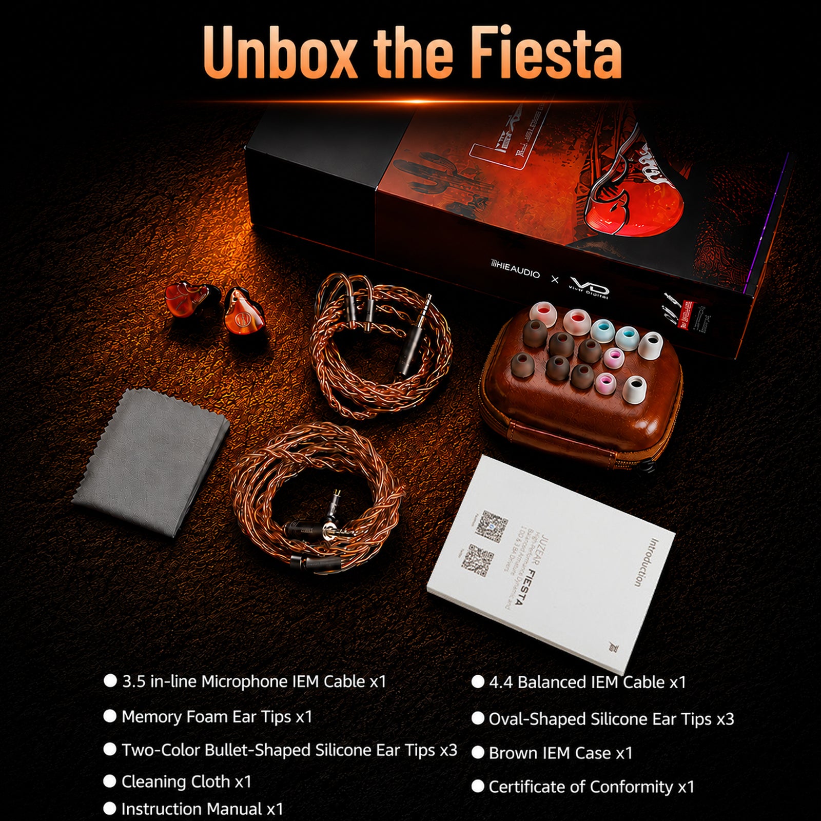 Unboxing the JUZEAR x Vivir Digital Fiesta hybrid in-ear monitors with red and black custom shells, dual cables, and accessories on a textured surface