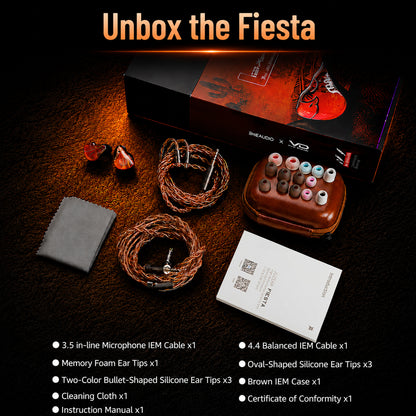 Unboxing the JUZEAR x Vivir Digital Fiesta hybrid in-ear monitors with red and black custom shells, dual cables, and accessories on a textured surface