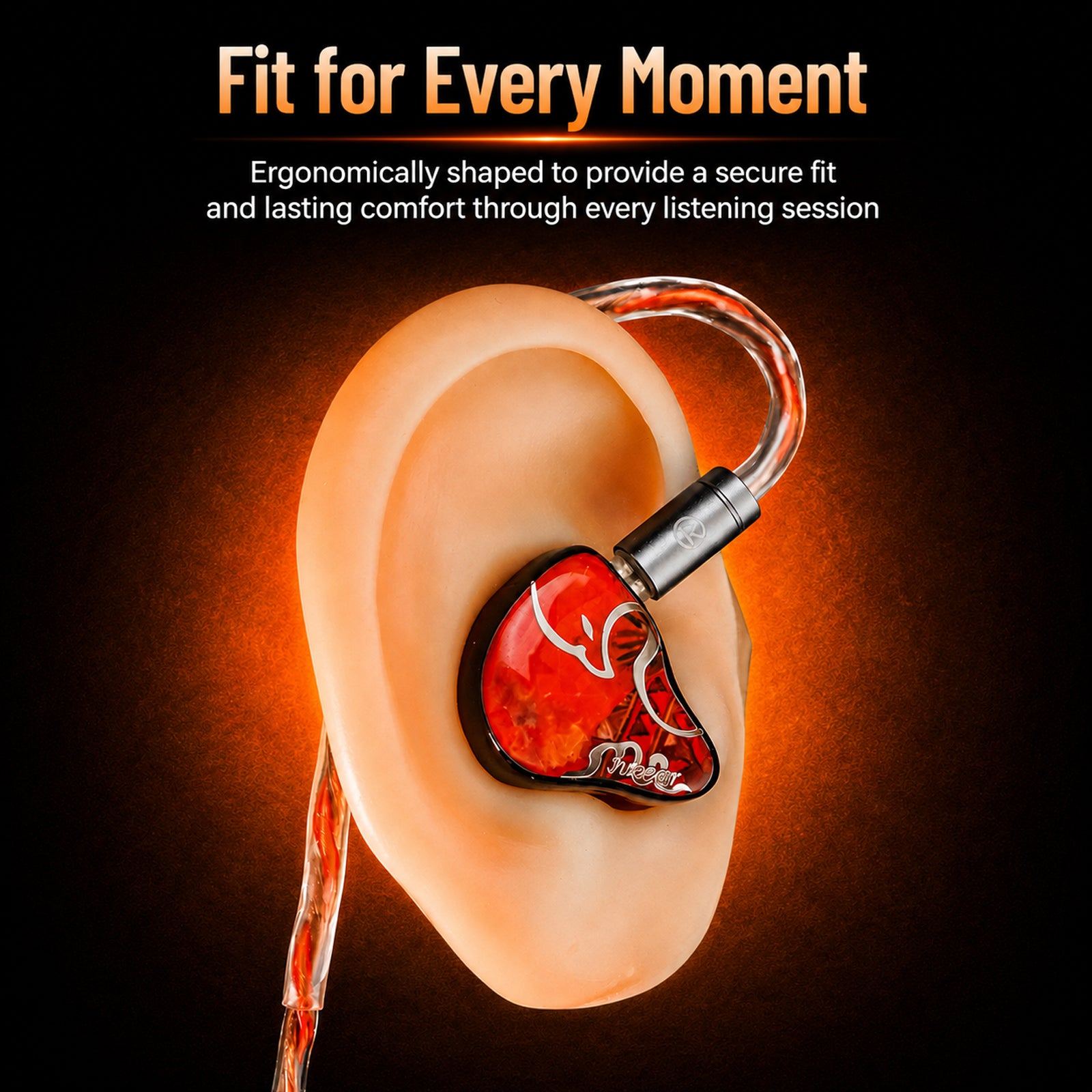 Ergonomic in-ear monitor with red and black design, transparent tubing, and logo, fitting inside a human ear for secure listening