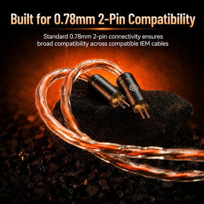 Braided copper and silver audio cables with 3.5mm jack, designed for maximum flexibility and broad compatibility with in-ear monitors