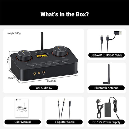 Fosi Audio K7 DAC Amp package contents including USB-C cable, Bluetooth antenna, power supply, Y-splitter cable, and user manual for easy setup.