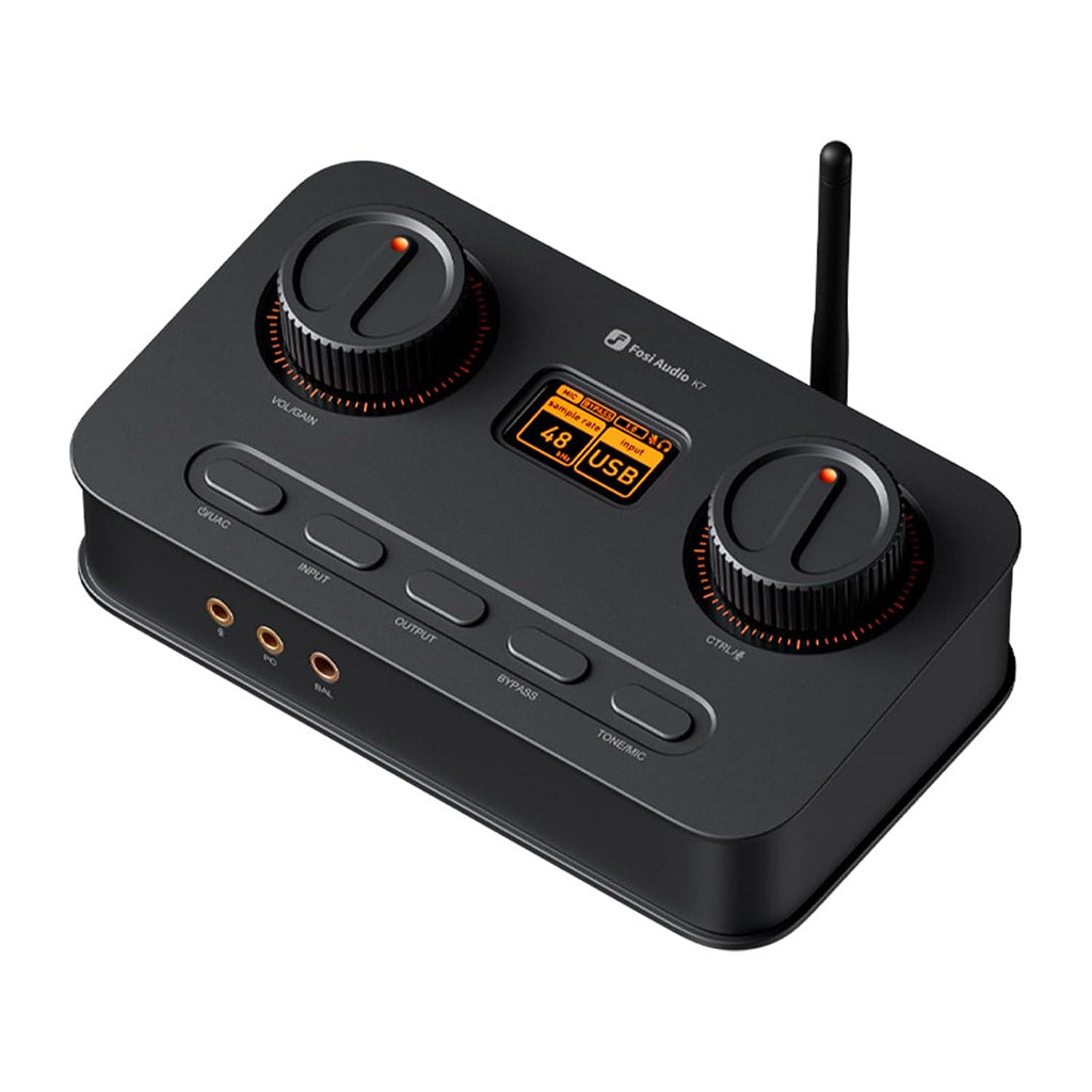 Fosi Audio – K7 Desktop DAC & Headphone Amplifier with dual control knobs, LCD display, and wireless antenna for high-fidelity audio performance.