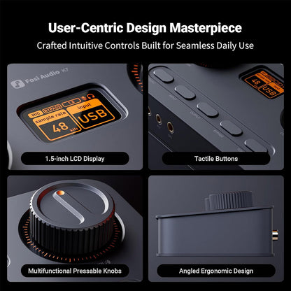 Close-up of Fosi Audio K7 DAC Amp design features including LCD display, tactile buttons, multifunction knobs, and ergonomic build for daily use.