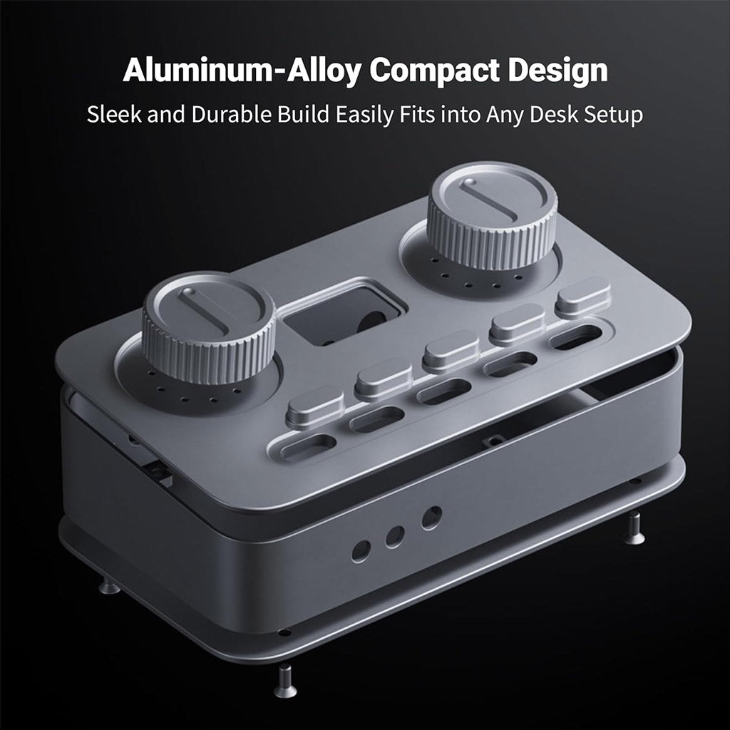 Exploded view of Fosi Audio K7 DAC Amp highlighting its aluminum-alloy compact design for durability and seamless integration into desk setups.