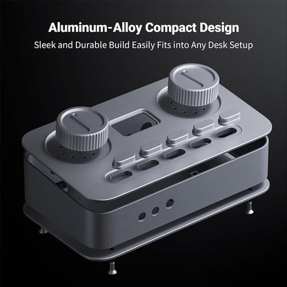 Exploded view of Fosi Audio K7 DAC Amp highlighting its aluminum-alloy compact design for durability and seamless integration into desk setups.