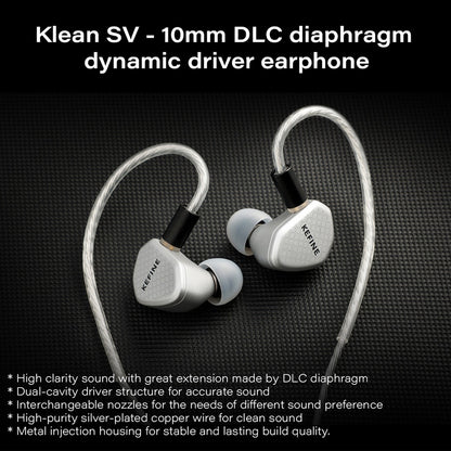 KEFINE - Klean SV IEMs featuring 10mm DLC diaphragm drivers and interchangeable nozzles for customizable sound tuning and high-resolution audio.