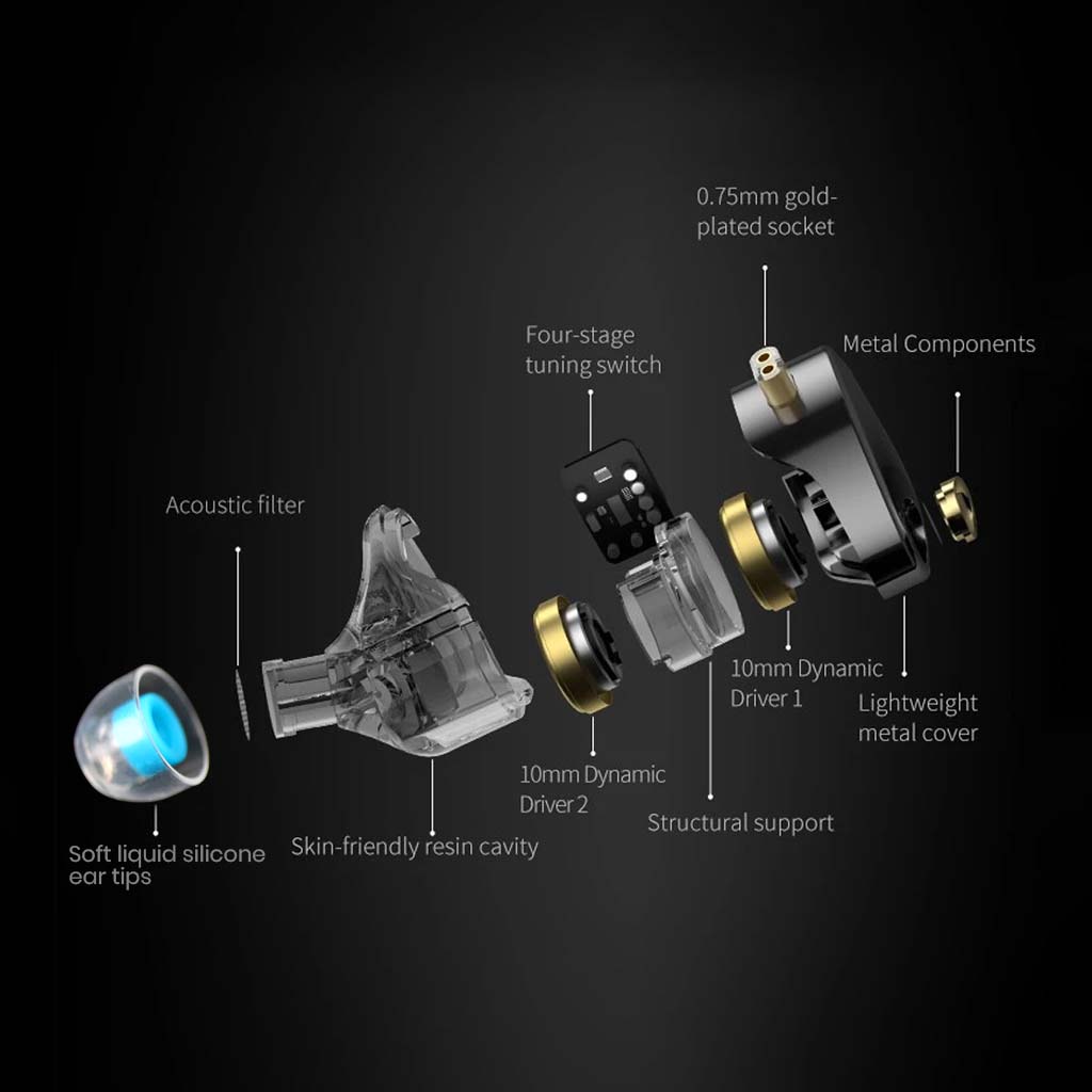Exploded diagram of KZ Castor Pro x IEM components including dual dynamic drivers, tuning switch, and gold-plated socket.