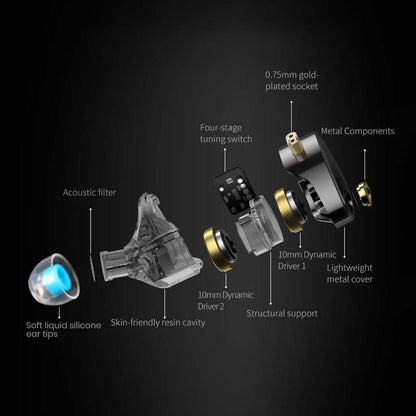 Exploded diagram of KZ Castor Pro x IEM components including dual dynamic drivers, tuning switch, and gold-plated socket.