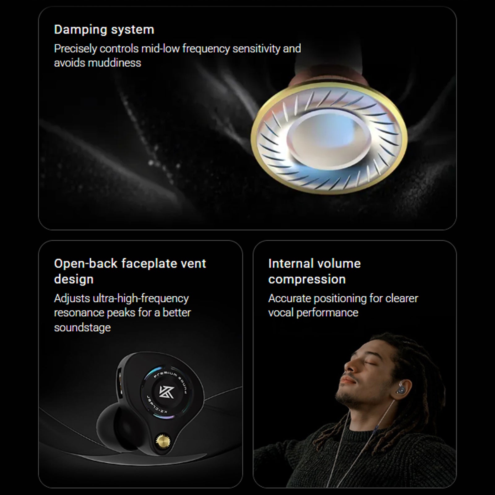 Close-up of KZ Eldar earphone with internal driver technology