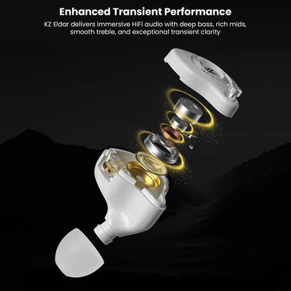 Exploded view of KZ Eldar earphone components showing internal drivers