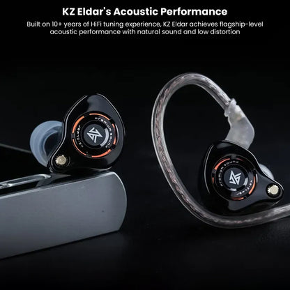 KZ Eldar in-ear monitors with black and white color options, detachable cables, and sleek design
