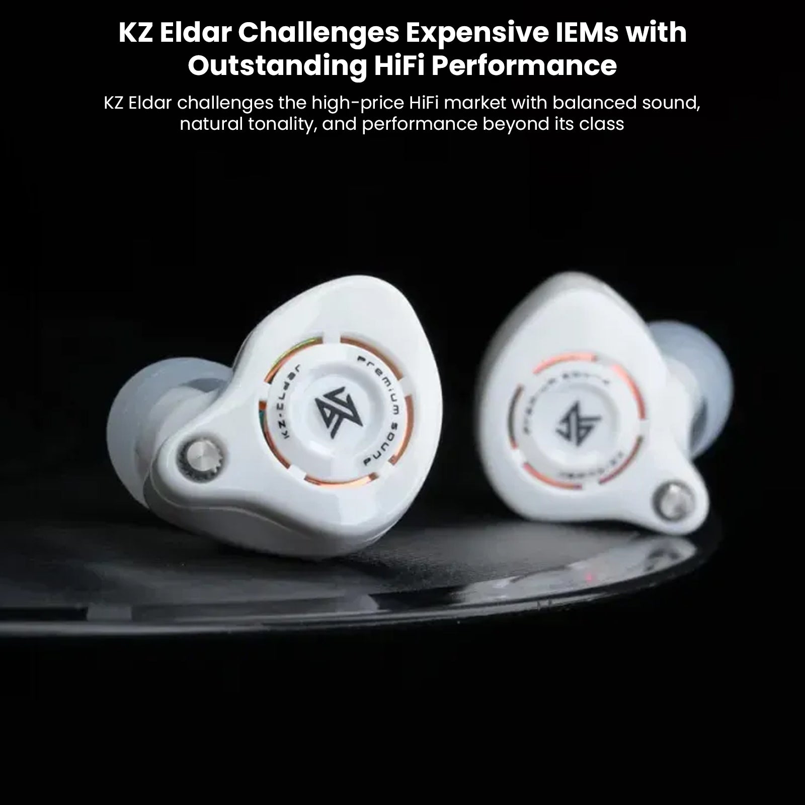 Close-up of KZ Eldar IEMs showcasing premium craftsmanship, metallic accents, and ergonomic shape