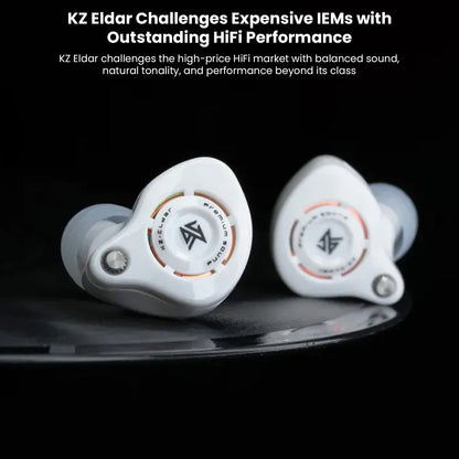 Close-up of KZ Eldar IEMs showcasing premium craftsmanship, metallic accents, and ergonomic shape