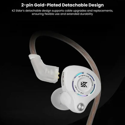 White KZ Eldar in-ear monitors with transparent cable