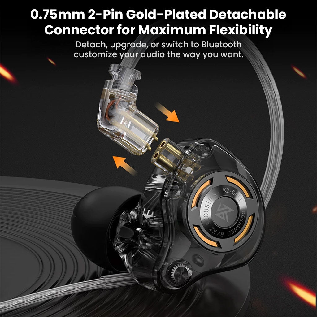 KZ - Gale IEM with 0.75mm 2-pin gold-plated detachable connector for flexible upgrades and Bluetooth compatibility.