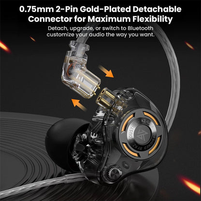 KZ - Gale IEM with 0.75mm 2-pin gold-plated detachable connector for flexible upgrades and Bluetooth compatibility.