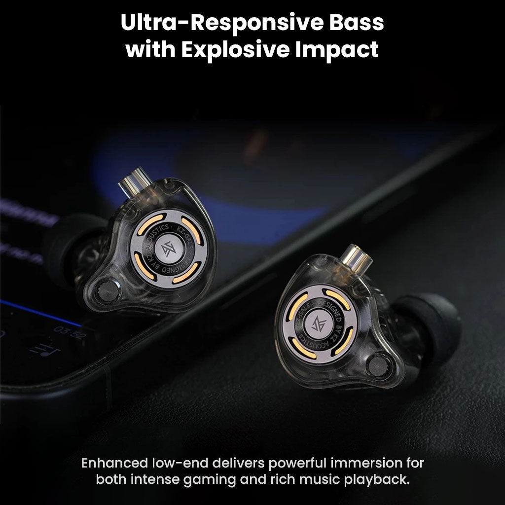 KZ - Gale Gaming IEMs with ultra-responsive bass designed for explosive impact in gaming and music playback.