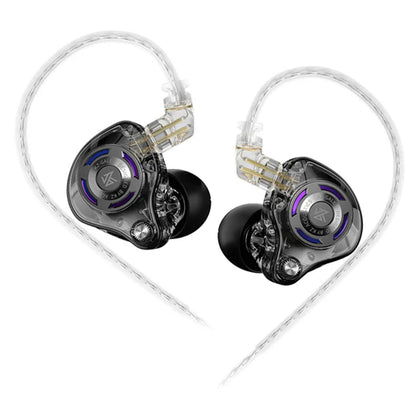 Front-facing view of KZ - Gale Super Linear Dynamic Driver Gaming IEMs with transparent shell and ergonomic earbud design.