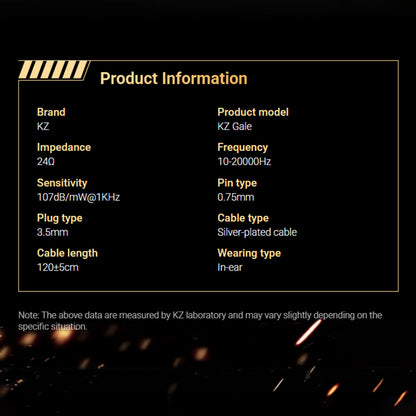Product specifications of KZ - Gale Gaming IEMs including impedance, frequency range, sensitivity, cable type, and plug type.