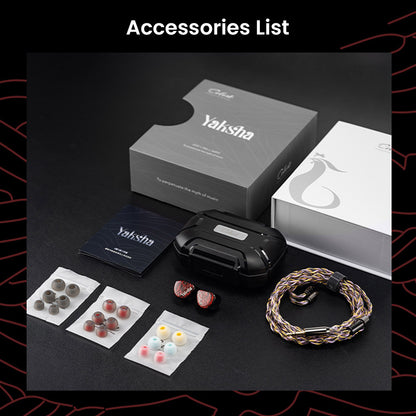 Full accessories list of Kinera Celest Yaksha Hybrid IEM including ear tips, braided cable, storage case, and packaging for audiophiles.