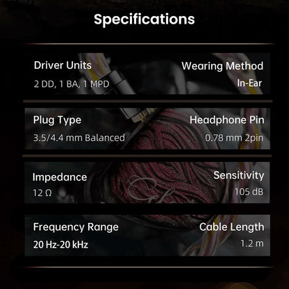 Specifications of Kinera Celest Yaksha Hybrid IEM including quad driver setup, 12Ω impedance, 105dB sensitivity, and 20Hz–20kHz range.