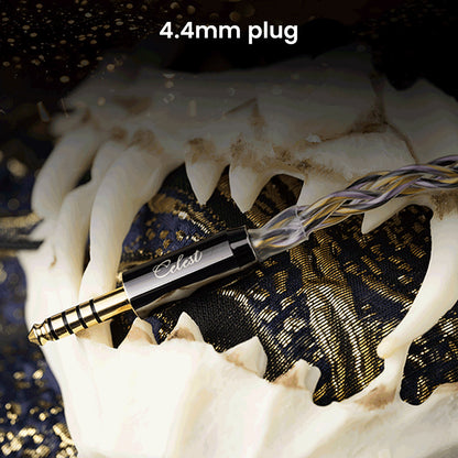 Close-up of 4.4mm balanced plug of Kinera Celest Yaksha IEM cable, designed for high-fidelity audio connections and durability.