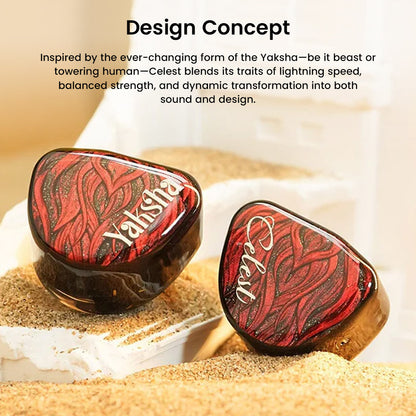 Design concept of Kinera Celest Yaksha IEMs showcasing red faceplates, inspired by the duality and transformation of the mythical Yaksha.