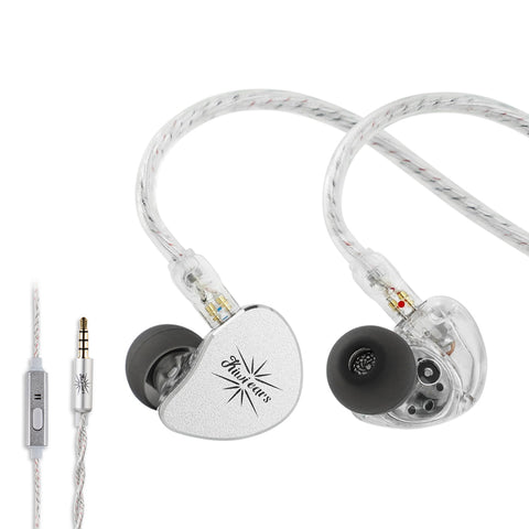 KiwiEars Belle 10mm Dynamic Driver IEM in silver with transparent cable and 3.5mm jack, designed for high-fidelity in-ear audio performance.