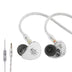 KiwiEars Belle 10mm Dynamic Driver IEM in silver with transparent cable and 3.5mm jack, designed for high-fidelity in-ear audio performance.