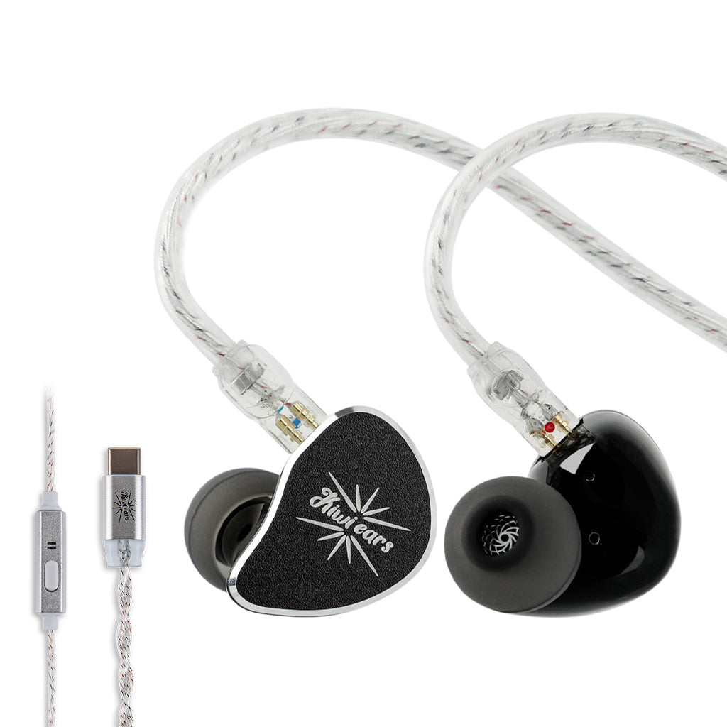 Black KiwiEars Belle IEM with USB-C cable and mic, designed for clear audio playback and compatibility with modern devices.