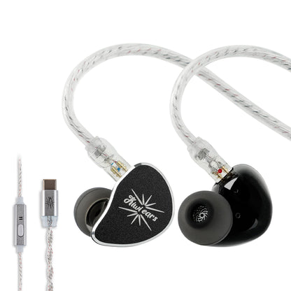 Black KiwiEars Belle IEM with USB-C cable and mic, designed for clear audio playback and compatibility with modern devices.