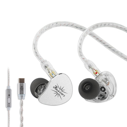 Silver KiwiEars Belle IEM with USB-C cable and mic, offering high-resolution audio and modern connectivity for mobile devices.