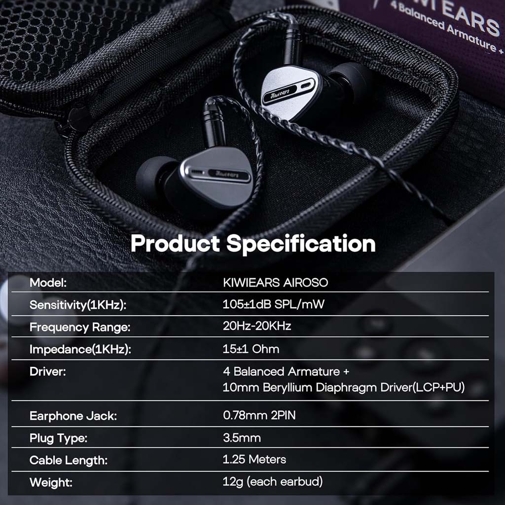 Product specifications of Kiwi Ears Airoso IEM detail its 1DD+4BA hybrid drivers, 3.5mm plug, 1.25m cable, and 12g lightweight design.