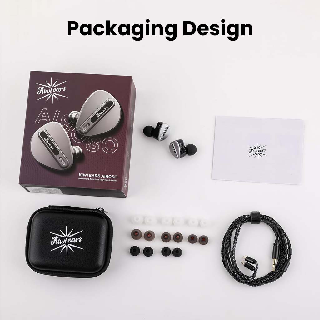 Complete packaging of Kiwi Ears Airoso IEM includes ear tips, carrying case, braided cable, and user manual for a premium unboxing experience.