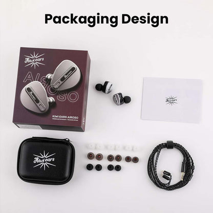Complete packaging of Kiwi Ears Airoso IEM includes ear tips, carrying case, braided cable, and user manual for a premium unboxing experience.