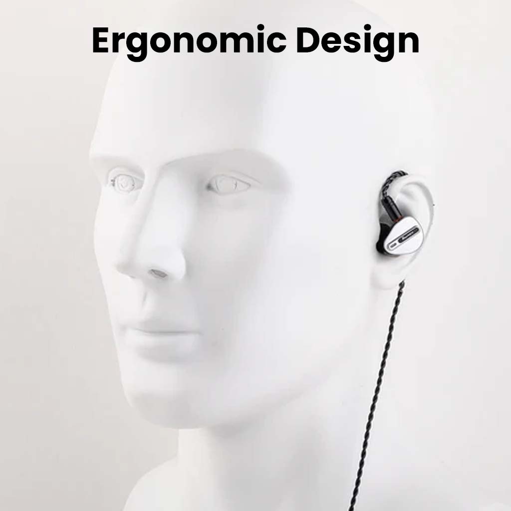 Ergonomic design of Kiwi Ears Airoso IEM shown on a mannequin, ensuring secure and comfortable in-ear fit for extended listening sessions.