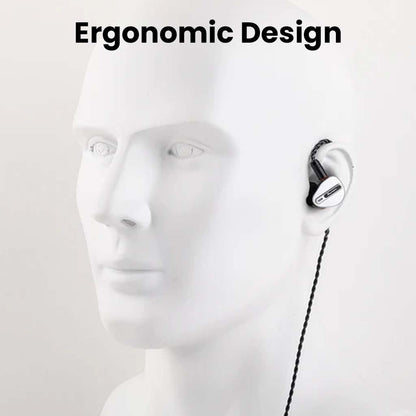 Ergonomic design of Kiwi Ears Airoso IEM shown on a mannequin, ensuring secure and comfortable in-ear fit for extended listening sessions.