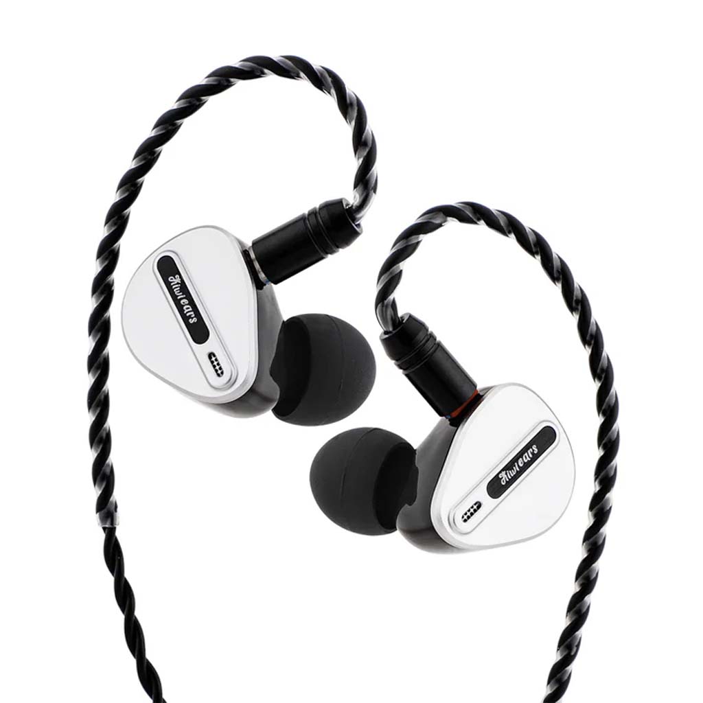 Kiwi Ears Airoso IEM features a sleek silver design with braided detachable cable, offering hybrid high-fidelity audio for audiophiles.