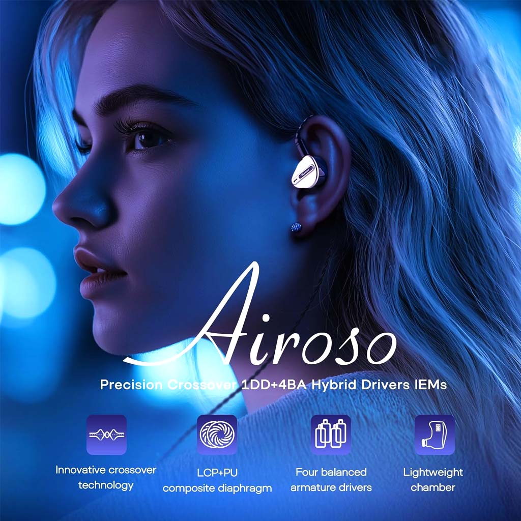 A woman wears the Kiwi Ears Airoso IEM, highlighting its ergonomic fit and hybrid driver technology for immersive high-precision audio.