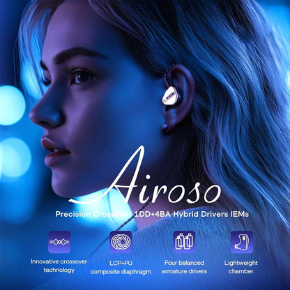A woman wears the Kiwi Ears Airoso IEM, highlighting its ergonomic fit and hybrid driver technology for immersive high-precision audio.
