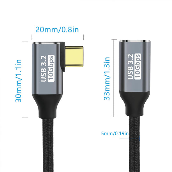 TECPHILE - L Shape Type-C Male to Type-C Female 100W Charging Cable - 8